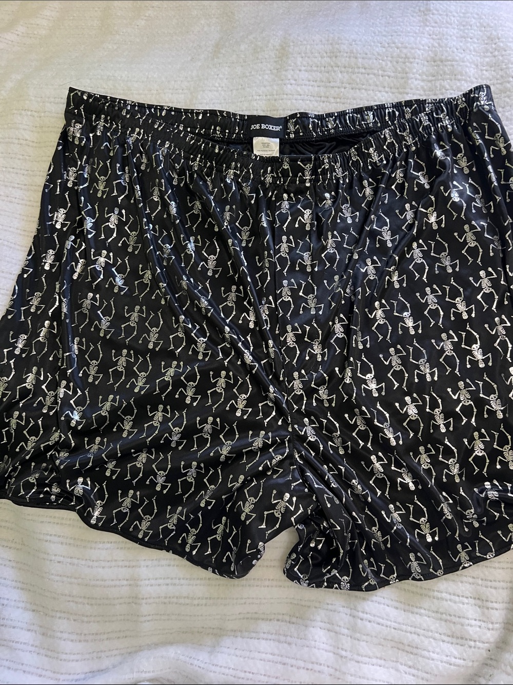 Joe Boxer Black Satiny Boxer Shorts with Silver Skeleton Pattern. XL
